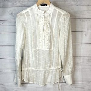 BCBG Swiss Dot Cottage Core Ivory Ruffle Blouse M